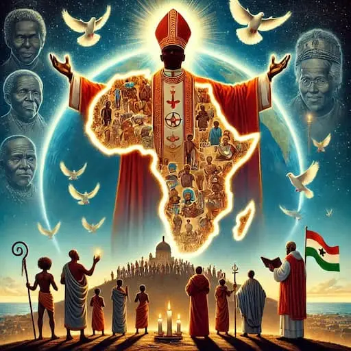 Fidèles en prière sous l'apparition céleste d'Émile Biayenda, vénéré comme un saint.