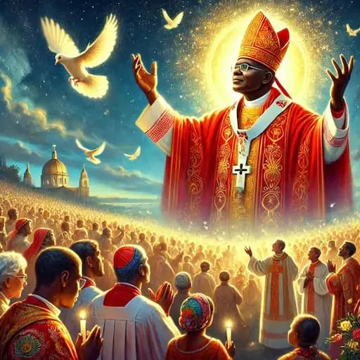 Émile Biayenda embrassant spirituellement le continent africain, symbole de renaissance.