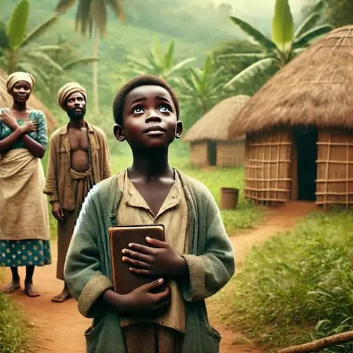 Jeune Émile Biayenda dans son village natal congolais, recevant une éducation chrétienne.